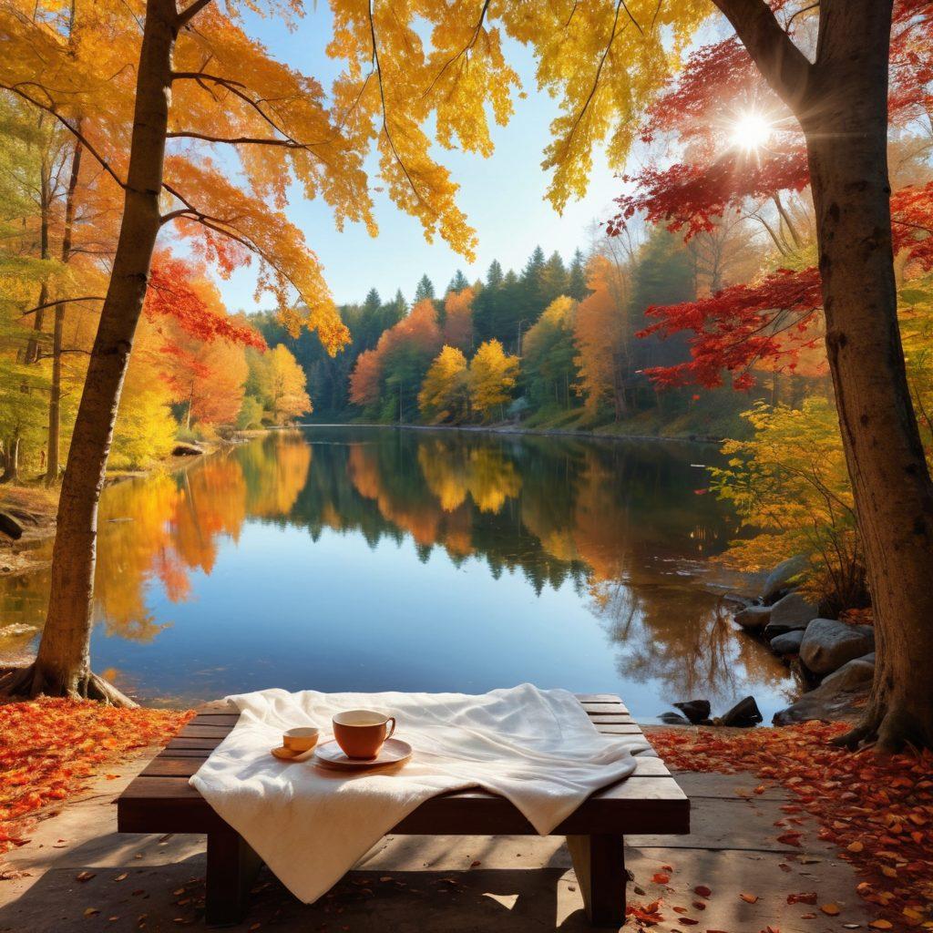 A serene autumn landscape featuring a tranquil lake surrounded by vividly colored trees with orange, red, and yellow leaves. In the foreground, a wooden bench covered with a soft blanket, inviting relaxation, with a cup of steaming tea resting beside it. Soft sunlight filters through the branches, casting gentle shadows. The atmosphere exudes calmness and gratitude, reminiscent of cozy autumn afternoons. super-realistic. vibrant colors. natural light.