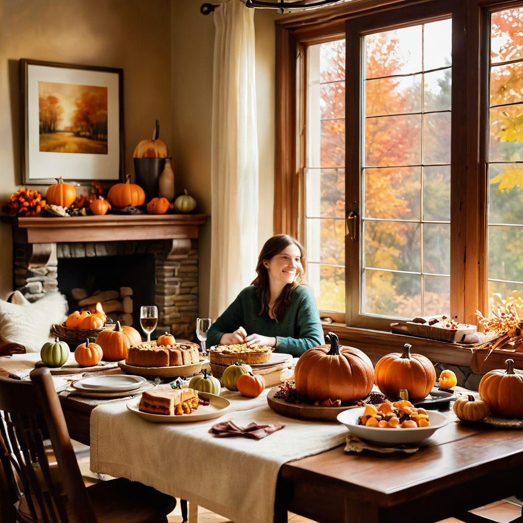 A warm, inviting scene of a family gathered around a wooden table filled with autumn harvest delights like pumpkins, apples, and homemade pies, surrounded by vibrant fall foliage outside the window. Soft golden light illuminates their smiles as they share stories, wrapped in cozy sweaters and blankets. Incorporate elements of nature, such as falling leaves, and a hint of a fireplace in the background for added warmth. watercolor style. warm earthy tones. soft focus.