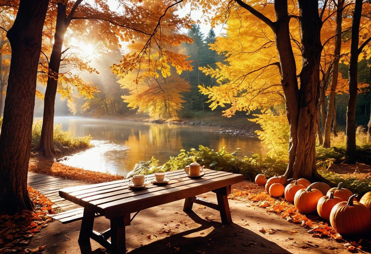 A serene autumn landscape featuring a golden-hued forest with leaves gently falling, a cozy blanket draped on a wooden bench, a steaming cup of tea on a small table, and an inviting path lined with pumpkins. The scene captures the essence of joy and wellness in the crisp fall air, with a warm sunlight filtering through the trees. vibrant colors. super-realistic. soft focus.